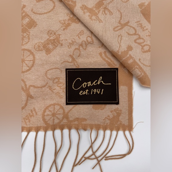 New Coach Logo Wool Cashmere Beige Tan Reversible Scarf - Picture 4 of 6